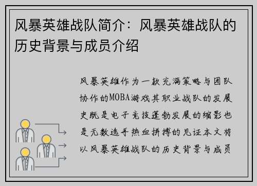 风暴英雄战队简介：风暴英雄战队的历史背景与成员介绍